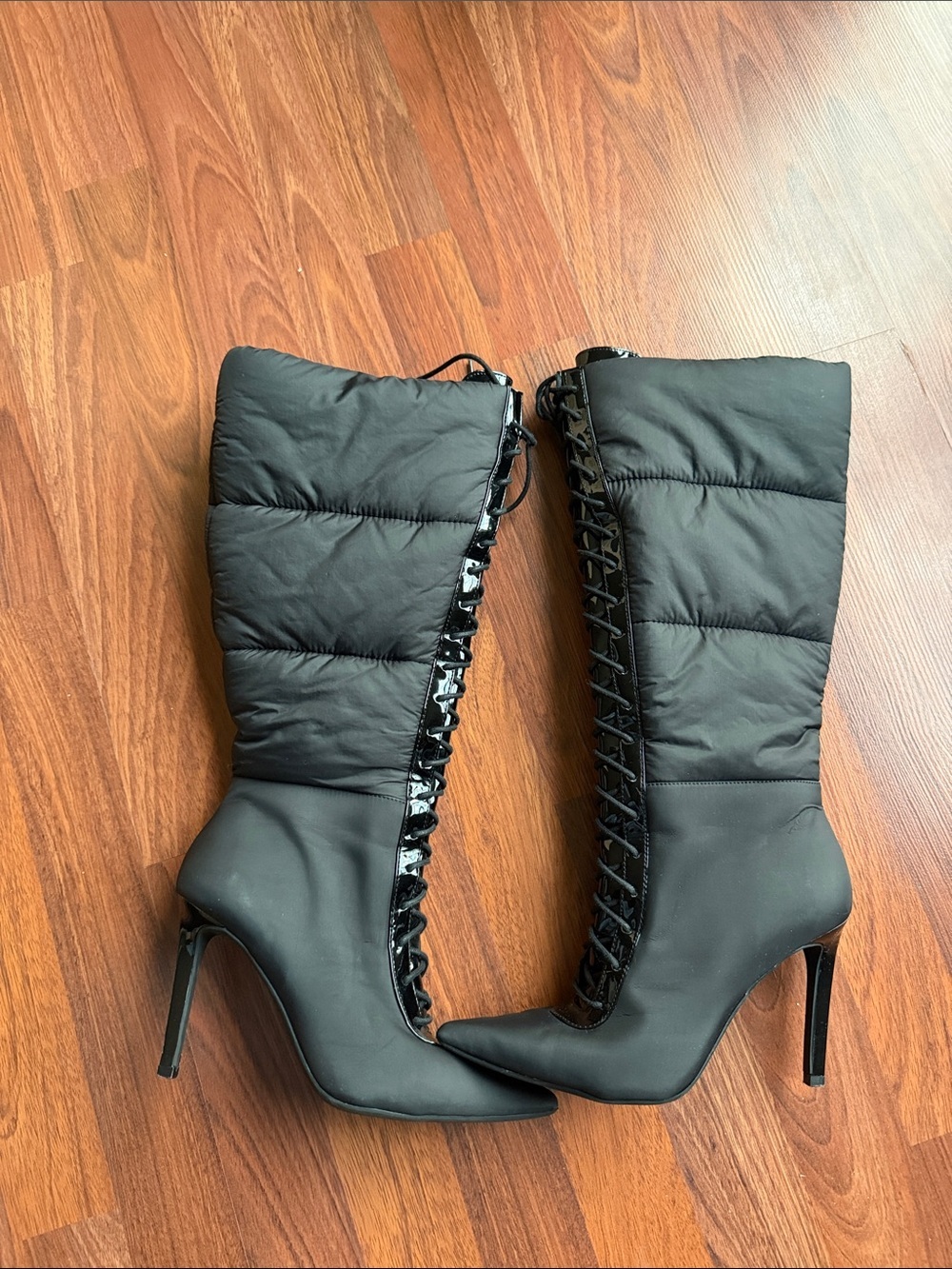 INC International Concepts Black Quilted Lace-Up Mid-Calf Heeled Boots